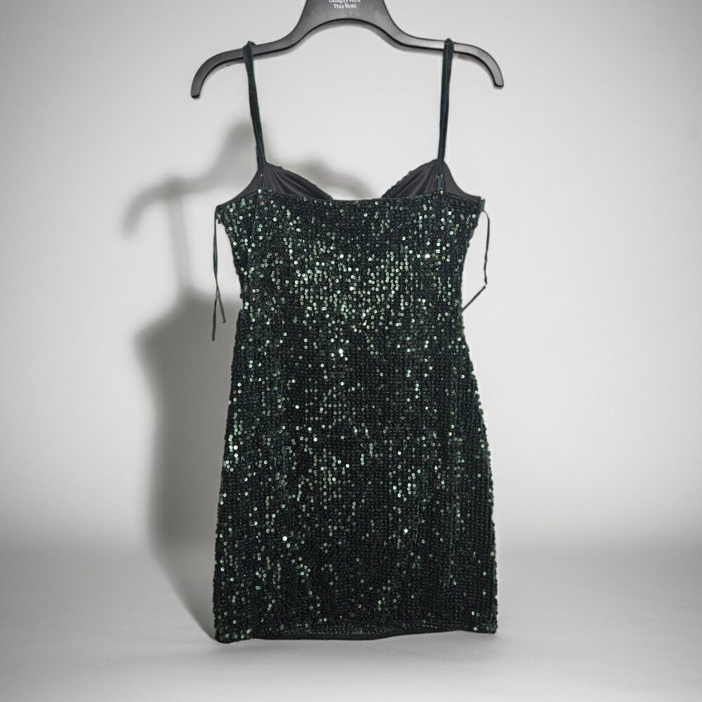 Zara Green Velour Sequined Stretch Sz Medium Mini Coctail Party Club Dress - Picture 3 of 8